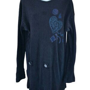 Long Sleeve Black waffle Knit Tunic With Heart & Swirls Design cottagecore boho